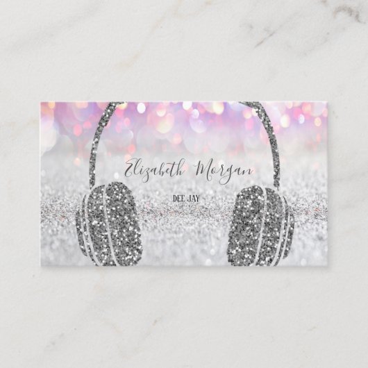 Elegant Silver Glitter Bokeh Headphone DJ Visitekaartje (Voorkant)
