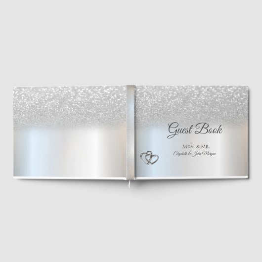 Elegant Silver Glitter Bokeh Hearts Wedding Gastenboek (Volledig)