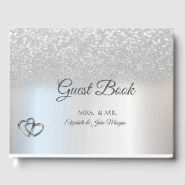 Elegant Silver Glitter Bokeh Hearts Wedding Gastenboek