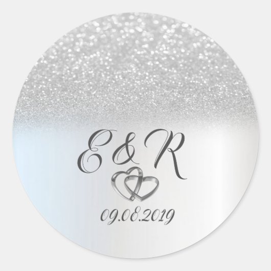 Elegant Silver Glitter Bokeh, Hearts Wedding Ronde Sticker (Voorkant)