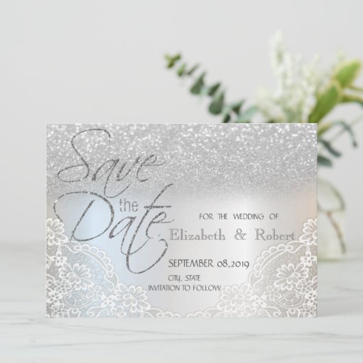 Elegant Silver Glitter Bokeh, laat de datum opslaa Save The Date (Staand voorkant)