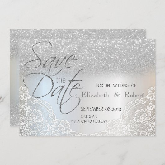 Elegant Silver Glitter Bokeh, laat de datum opslaa Save The Date (Voorkant / Achterkant)