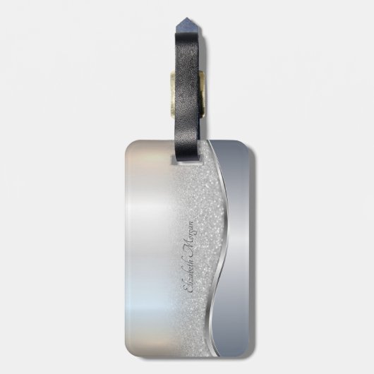 Elegant Silver Glitter Bokeh , Monogram Bagagelabel (Achterkant verticaal)