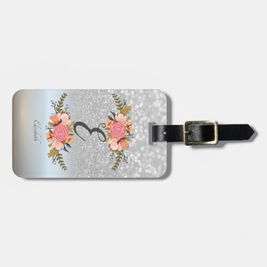 Elegant Silver Glitter Bokeh, Monogram, Bloemen Bagagelabel (Voorkant horizontaal)