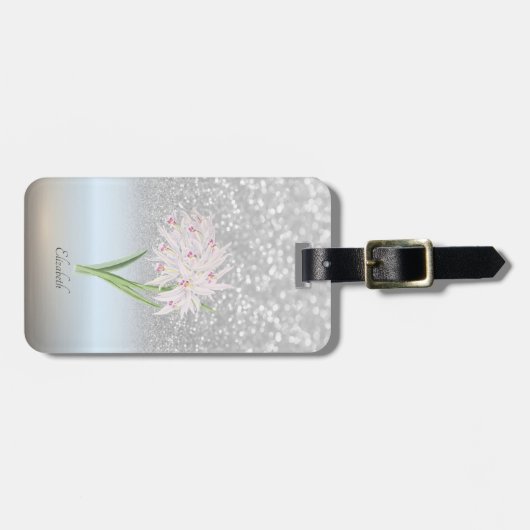 Elegant Silver Glitter Bokeh Ombre Bagagelabel (Voorkant horizontaal)