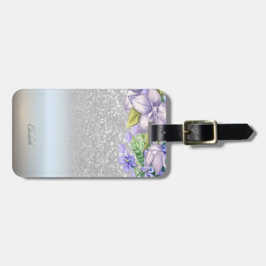 Elegant Silver Glitter Bokeh Ombre, Flowers Bagagelabel (Voorkant horizontaal)