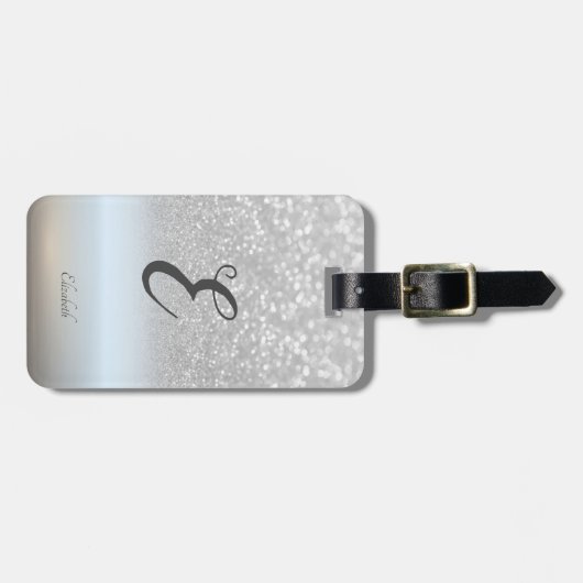 Elegant Silver Glitter Bokeh Ombre Monogram Bagagelabel (Voorkant horizontaal)
