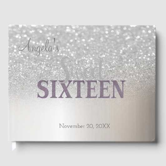 Elegant Silver Glitter Bokeh Ombre ,Sweet 16 Gastenboek (Voorkant)