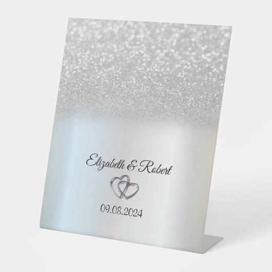 Elegant Silver Glitter Bokeh Reclamebord Met Voetstuk (Voorkant)
