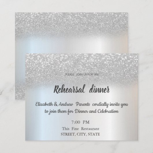 Elegant Silver Glitter Bokeh Rehearsal Dinner Kaart (Voorkant / Achterkant)