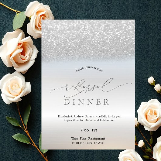 Elegant Silver Glitter Bokeh Rehearsal Dinner Kaart