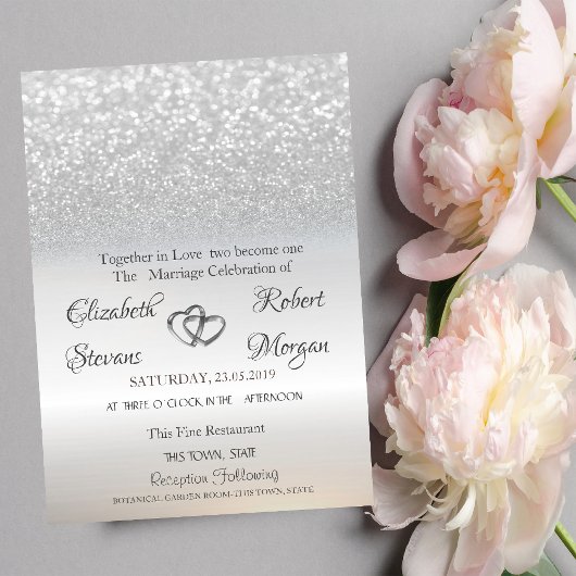 Elegant Silver Glitter Bokeh Wedding Uitnodiging