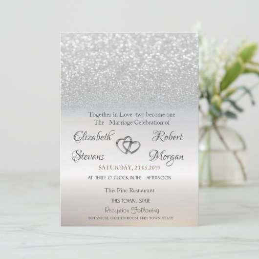 Elegant Silver Glitter Bokeh Wedding Uitnodiging (Staand voorkant)