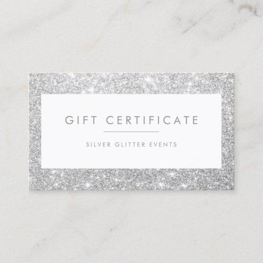 Elegant Silver Glitter Cadeaubon Aanbevelingskaartje (Voorkant)