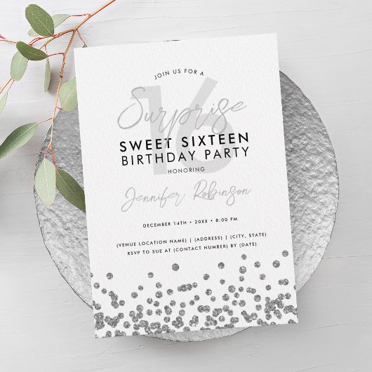 Elegant Silver Glitter Confetti Surprise Sweet 16 Kaart