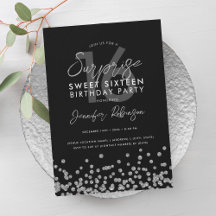 Elegant Silver Glitter Confetti Surprise Sweet 16