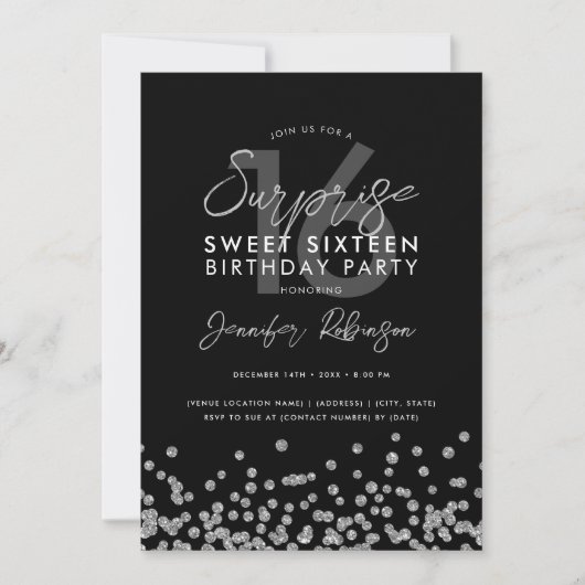 Elegant Silver Glitter Confetti Surprise Sweet 16 Kaart (Voorkant)