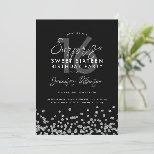 Elegant Silver Glitter Confetti Surprise Sweet 16 Kaart (Staand voorkant)