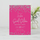 Elegant Silver Glitter Confetti Sweet 16 Hot Pink Kaart (Staand voorkant)