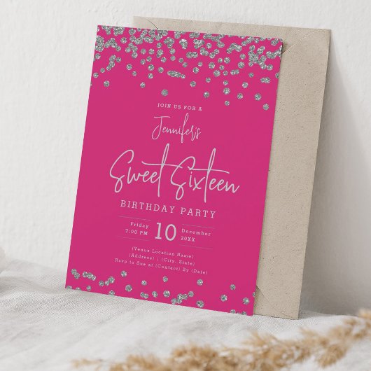 Elegant Silver Glitter Confetti Sweet 16 Hot Pink Kaart