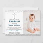 Elegant Silver Glitter Cross Boy Baptism Foto Kaart (Voorkant)