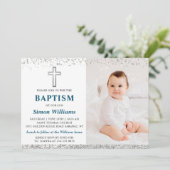 Elegant Silver Glitter Cross Boy Baptism Foto Kaart (Staand voorkant)