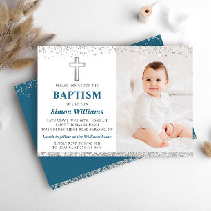 Elegant Silver Glitter Cross Boy Baptism Foto Kaart