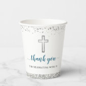 Elegant Silver Glitter Cross First Heilige Communi Papieren Bekers (Achterkant)