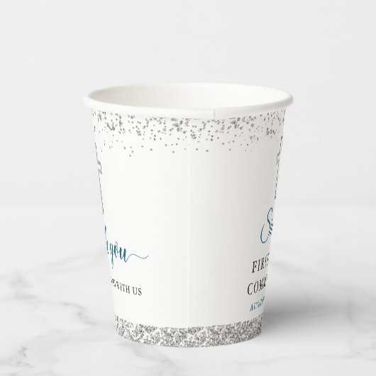 Elegant Silver Glitter Cross First Heilige Communi Papieren Bekers (Rechts)