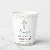 Elegant Silver Glitter Cross First Heilige Communi Papieren Bekers (Voorkant)
