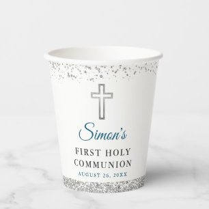 Elegant Silver Glitter Cross First Heilige Communi Papieren Bekers