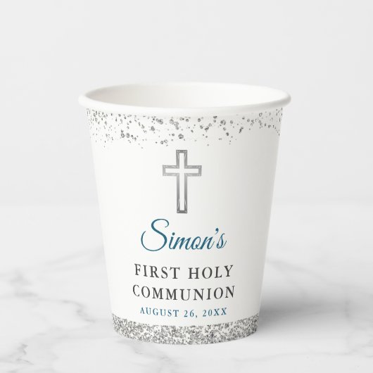 Elegant Silver Glitter Cross First Heilige Communi Papieren Bekers (Voorkant)