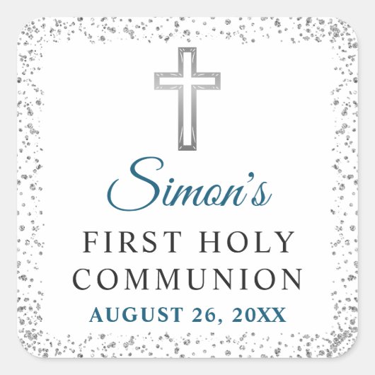 Elegant Silver Glitter Cross First Heilige Communi Vierkante Sticker (Voorkant)