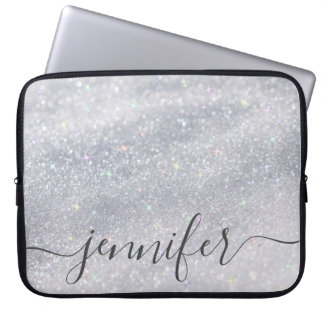 Elegant Silver Glitter Custom Name Laptop Sleeve
