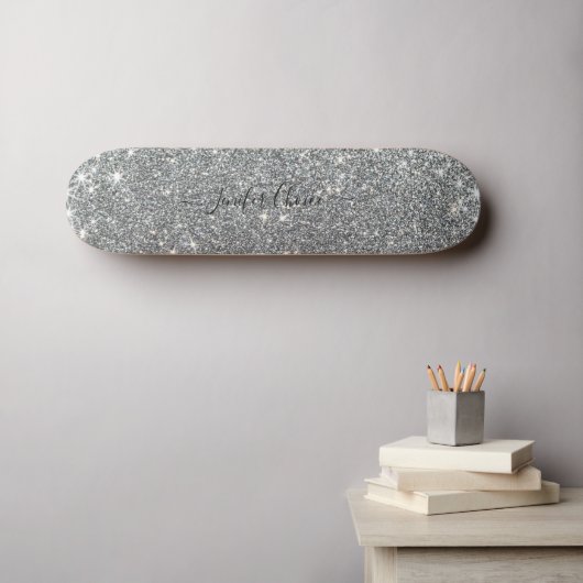 Elegant SILVER Glitter Custom Name Skateboard (Muurkunst (Horizontaal))