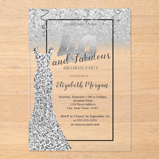 Elegant Silver Glitter Dress 40th Birthday Party Acryl Uitnodigingen (Voorkant)
