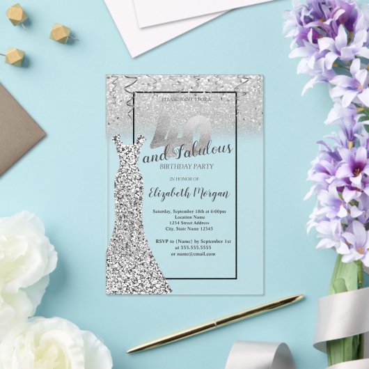 Elegant Silver Glitter Dress 40th Birthday Party Acryl Uitnodigingen (Insitu (Huwelijk))