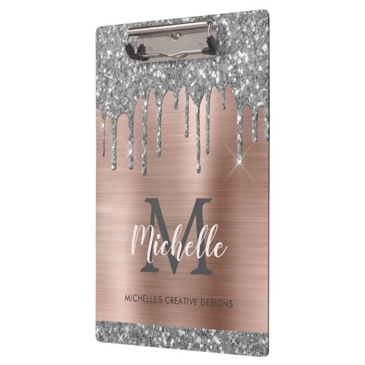 Elegant Silver Glitter Drift Roos Gold Monogramed Klembord (Links)