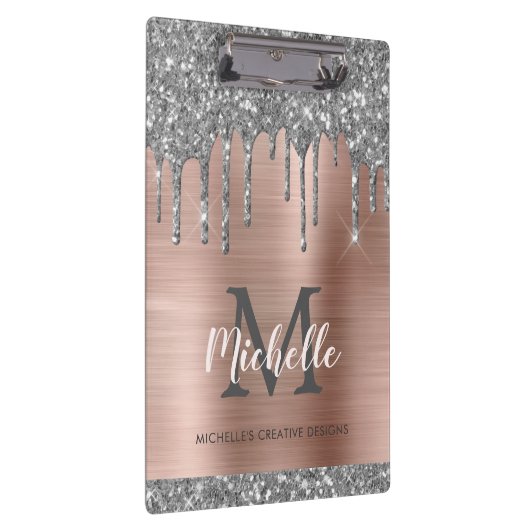 Elegant Silver Glitter Drift Roos Gold Monogramed Klembord (Rechts)