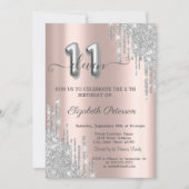 Elegant Silver Glitter Drips Roos Gold 11e Kaart (Voorkant)