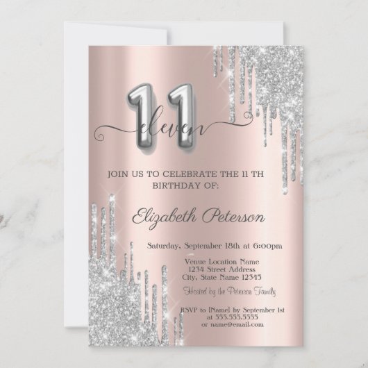 Elegant Silver Glitter Drips Roos Gold 11e Kaart (Voorkant)