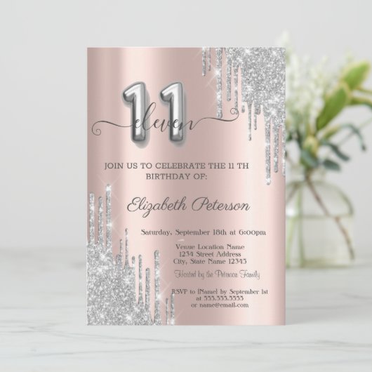 Elegant Silver Glitter Drips Roos Gold 11e Kaart (Staand voorkant)