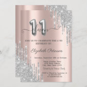Elegant Silver Glitter Drips Roos Gold 11e Kaart (Voorkant / Achterkant)