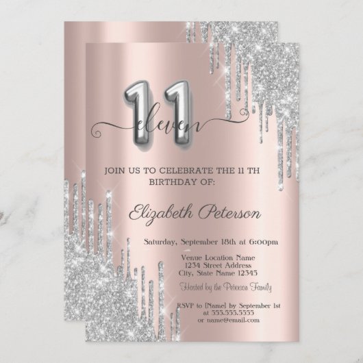 Elegant Silver Glitter Drips Roos Gold 11e Kaart (Voorkant / Achterkant)