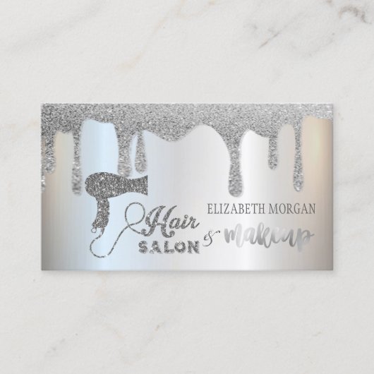 Elegant Silver Glitter drukt haarsalon, Makeup Visitekaartje (Voorkant)
