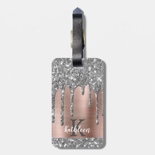 Elegant Silver Glitter drukt roze monogram metaal  Bagagelabel (Achterkant verticaal)