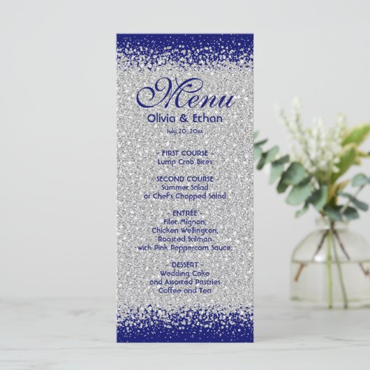Elegant Silver Glitter en Royal Blue Menu (Staand voorkant)