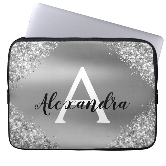 Elegant Silver Glitter en Sparkle Monogram Laptop Sleeve (Voorkant)
