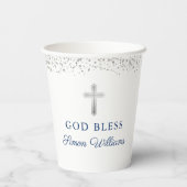 Elegant Silver Glitter First Heilige Communie Papieren Bekers (Achterkant)