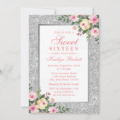 Elegant Silver Glitter Floral Sweet 16 Birthday Kaart (Voorkant)